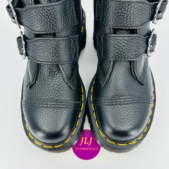 Dr. Martens Women's Devon Flower Buckle Black Leather Platform Boots Size 5 - Picture 4 of 11